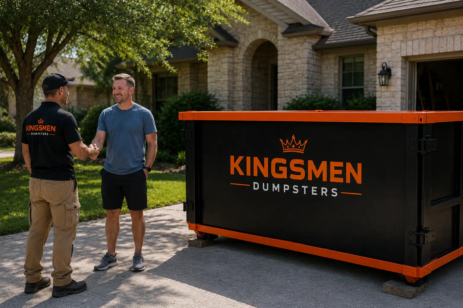 happy residential site owner chat with kingsmen dumpsters manager